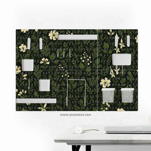 Botanical Pegboard Organizer with Dark Green Floral Pattern - Deskneko