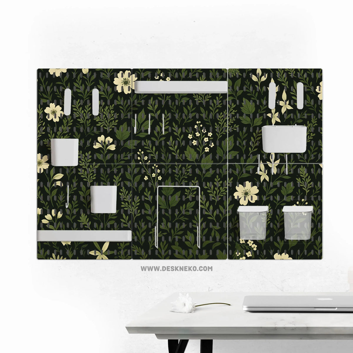 Botanical pegboard organizer with dark green floral pattern