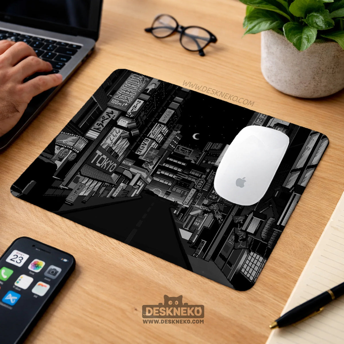 Black White Tokyo Night Desk Mat, Cyberpunk Japanese Street Mousepad - Deskneko