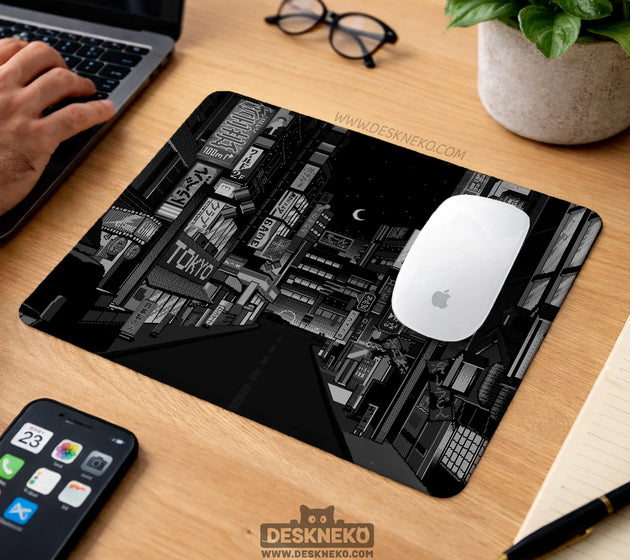 Black white tokyo night desk mat, cyberpunk japanese street mousepad