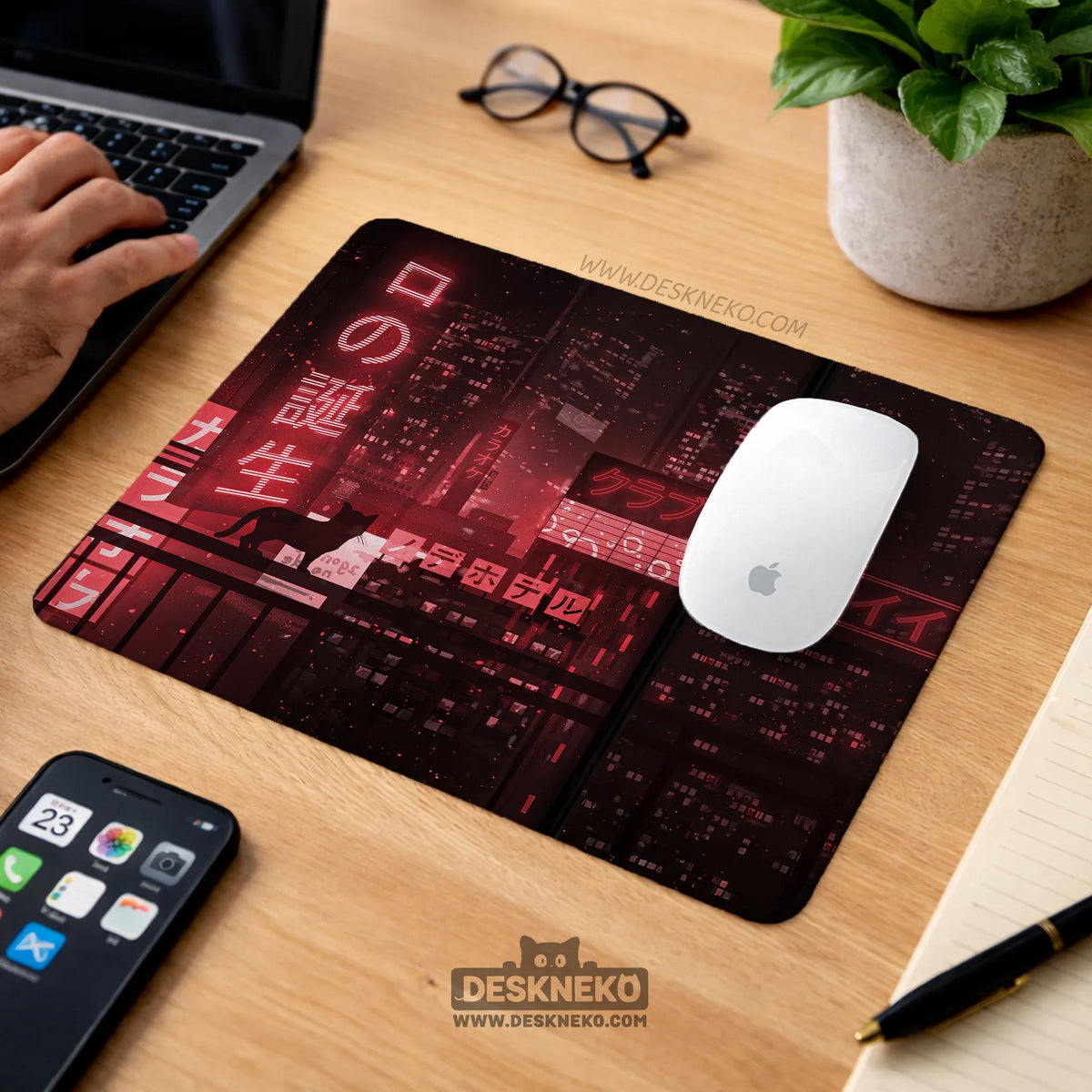 Red Cyberpunk Tokyo Cat Desk Mat - Deskneko