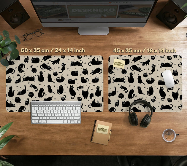 Black cat desk mat, cute XL mousepad for cozy office and gaming setup