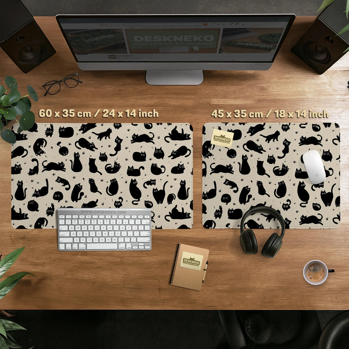 Black cat desk mat, cute XL mousepad for cozy office and gaming setup