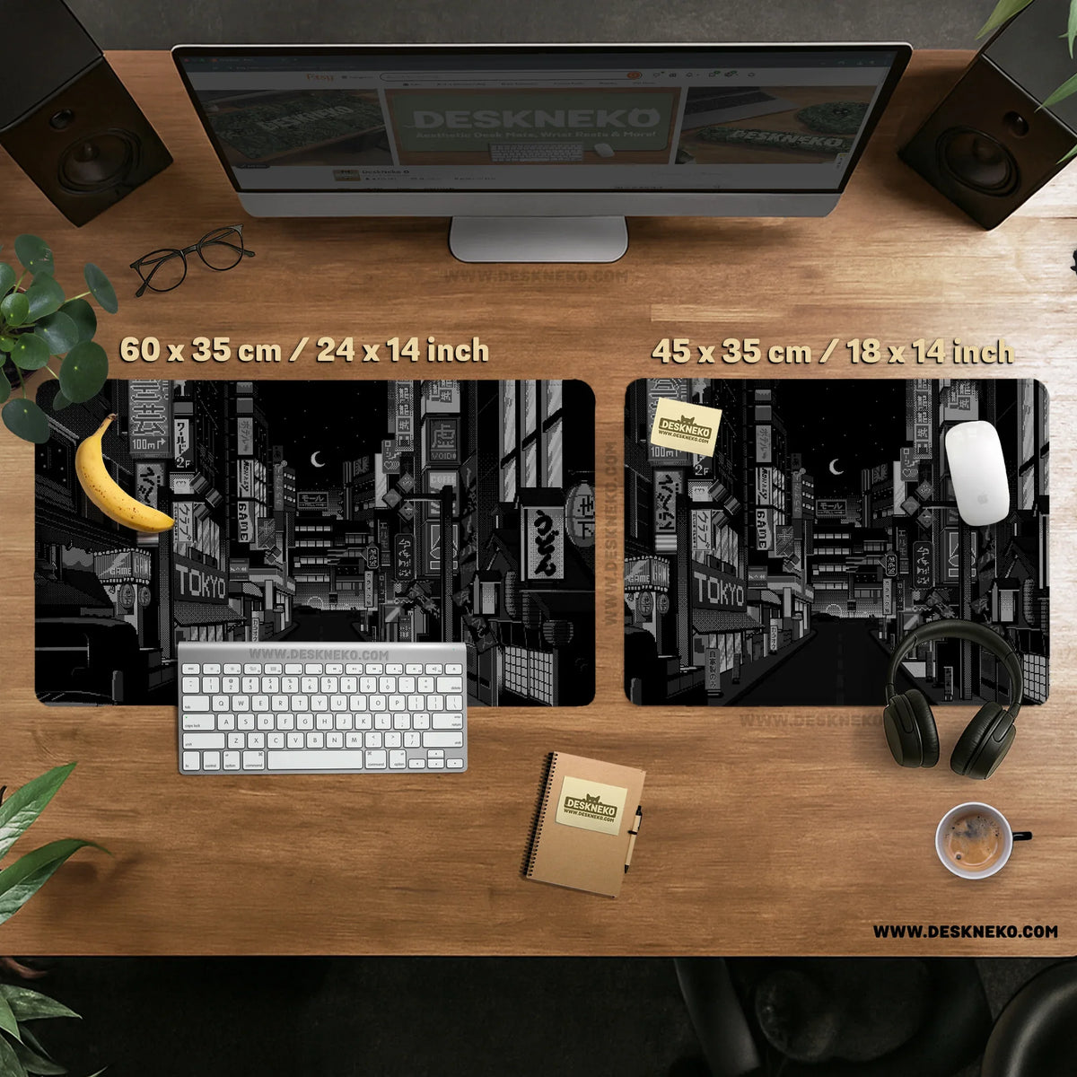 Black white tokyo night desk mat, cyberpunk japanese street mousepad