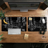 Black white tokyo night desk mat, cyberpunk japanese street mousepad