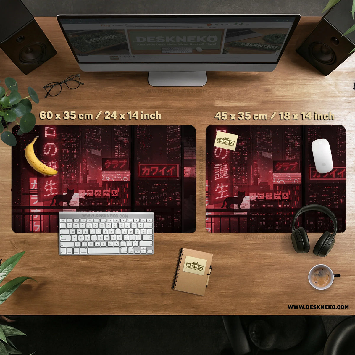 Red cyberpunk tokyo cat desk mat