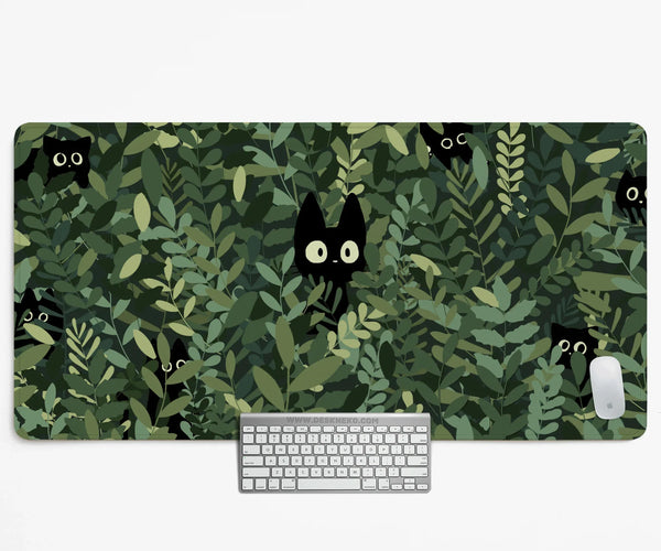 Botanical Cat Desk Mat, Cozy Green Desk Pad for Work and Gaming - Deskneko