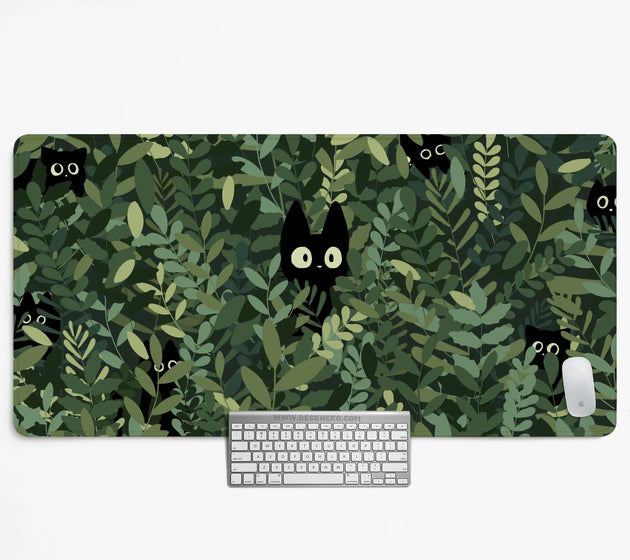 Botanical cat desk mat, cozy green desk pad for work and gaming