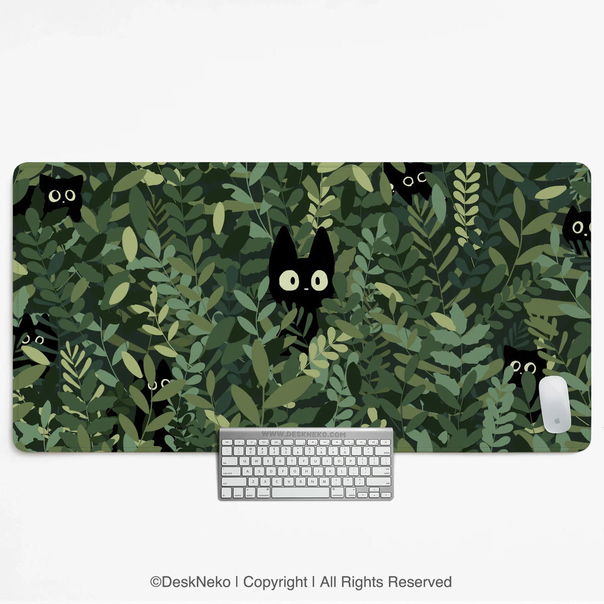 Botanical cat desk mat, cozy green desk pad for work and gaming