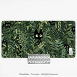 Botanical cat desk mat, cozy green desk pad for work and gaming