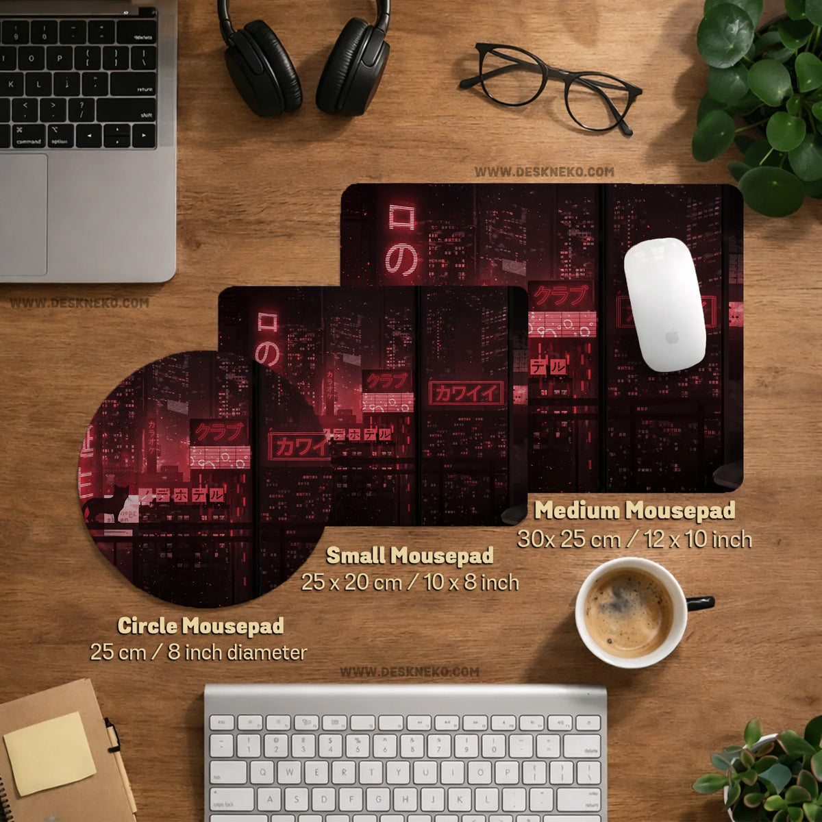 Red cyberpunk tokyo cat desk mat