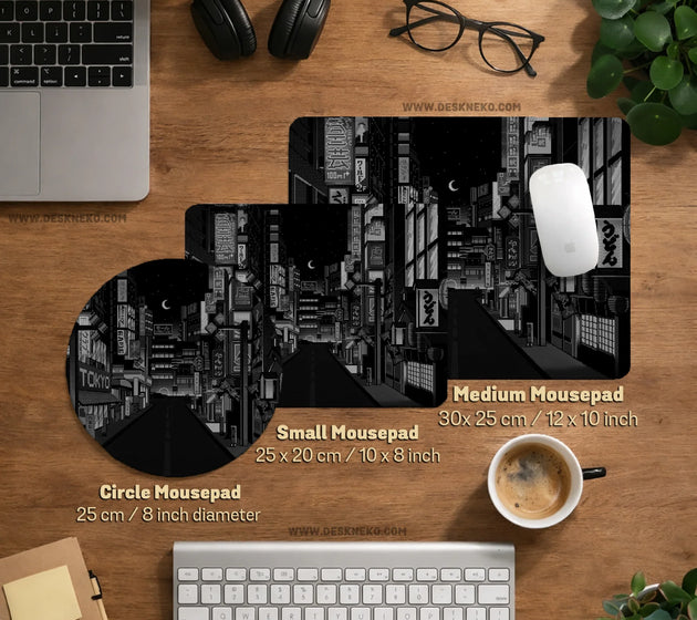 Black white tokyo night desk mat, cyberpunk japanese street mousepad