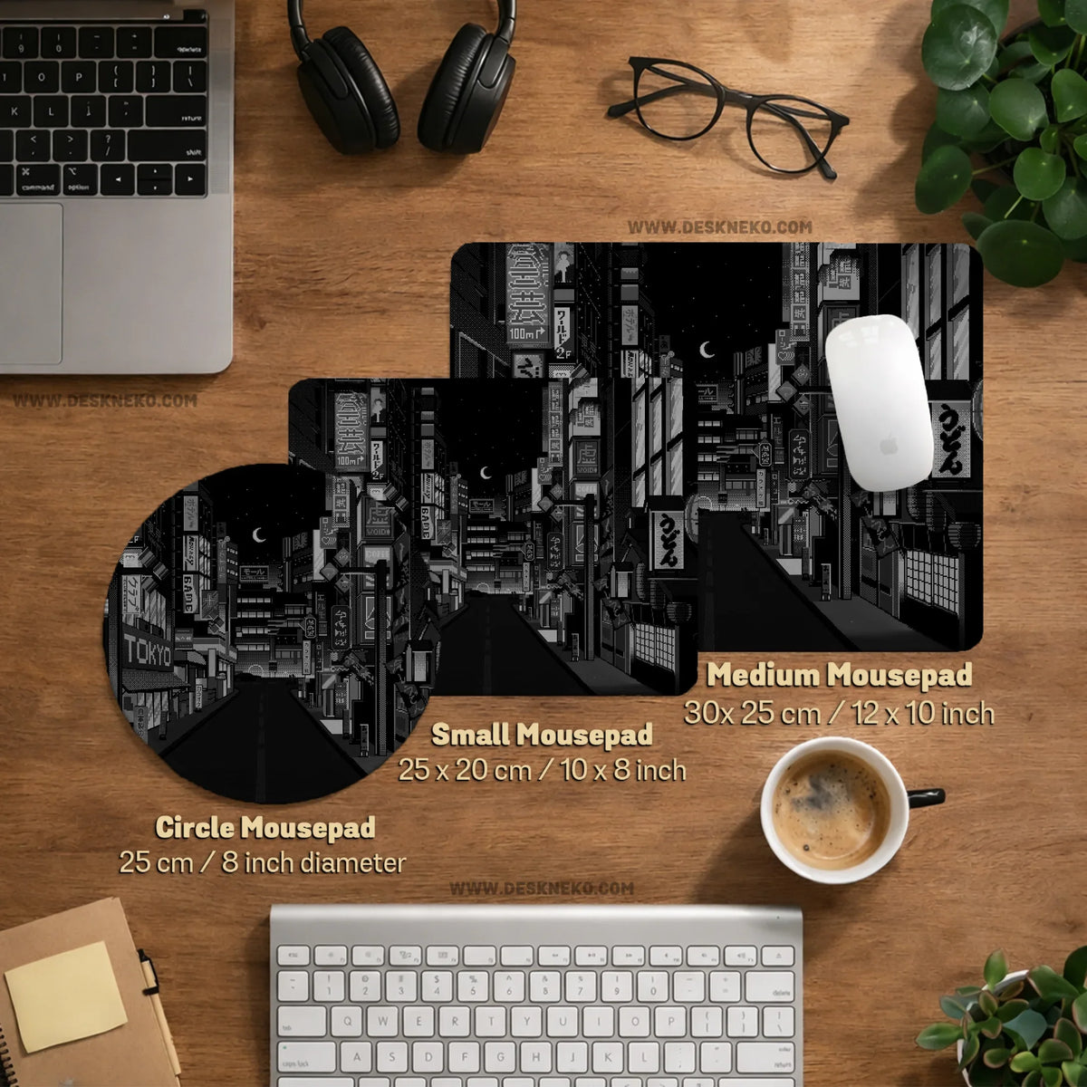Black white tokyo night desk mat, cyberpunk japanese street mousepad