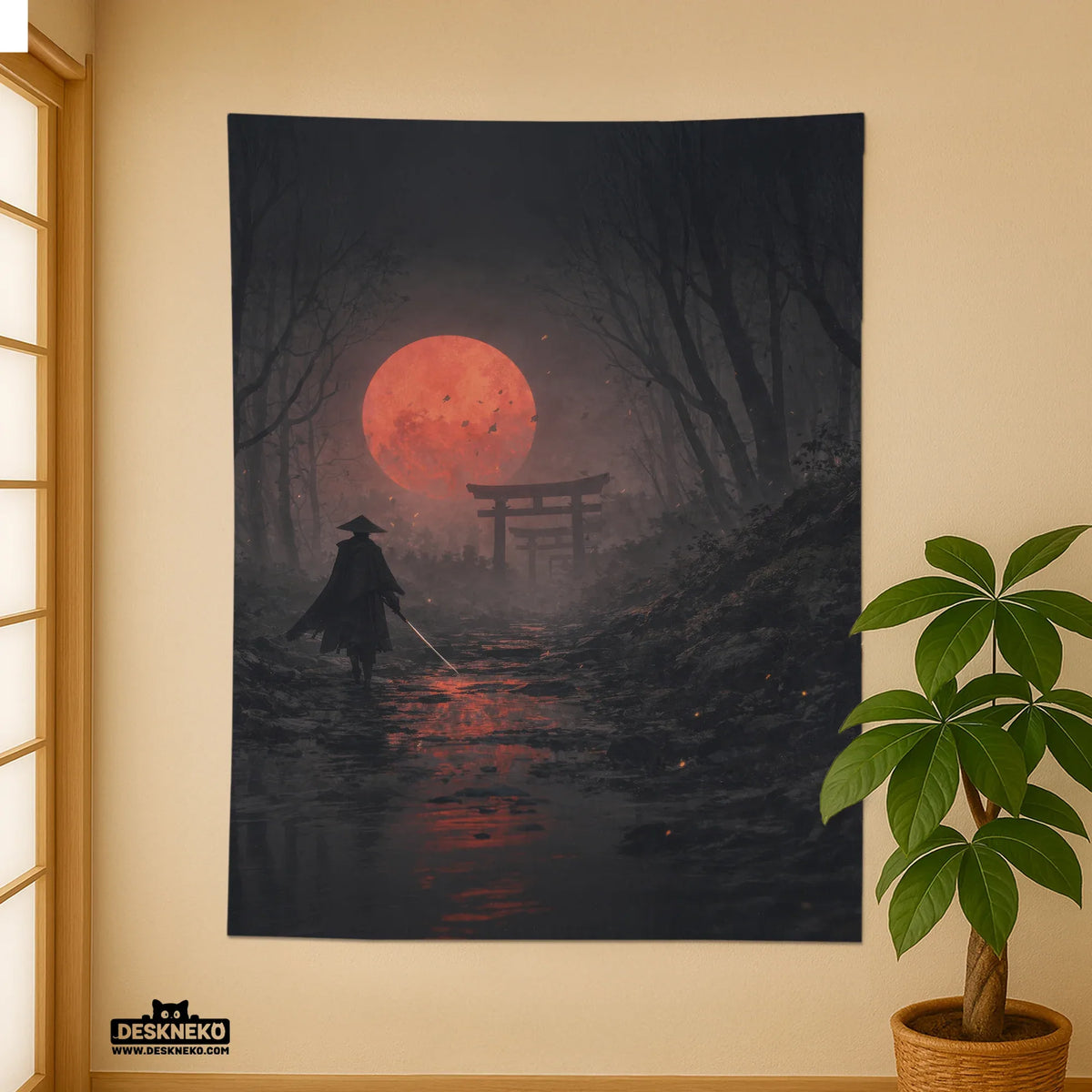 Samurai red moon wall tapestry decor