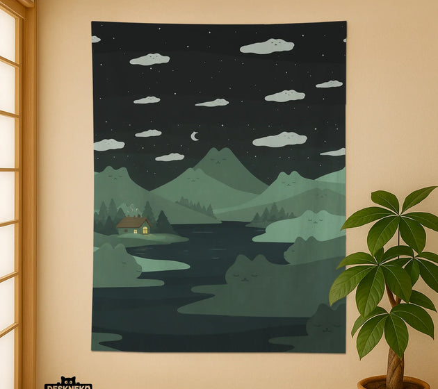 Green cat hills wall tapestry cozy night landscape
