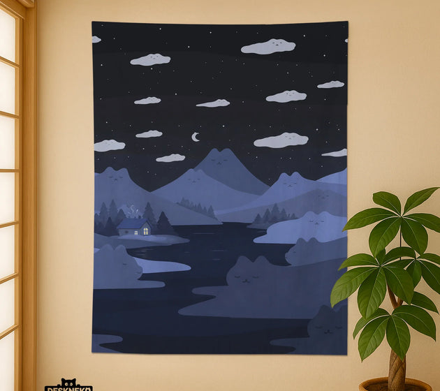 Navy cat hills wall tapestry cozy night landscape