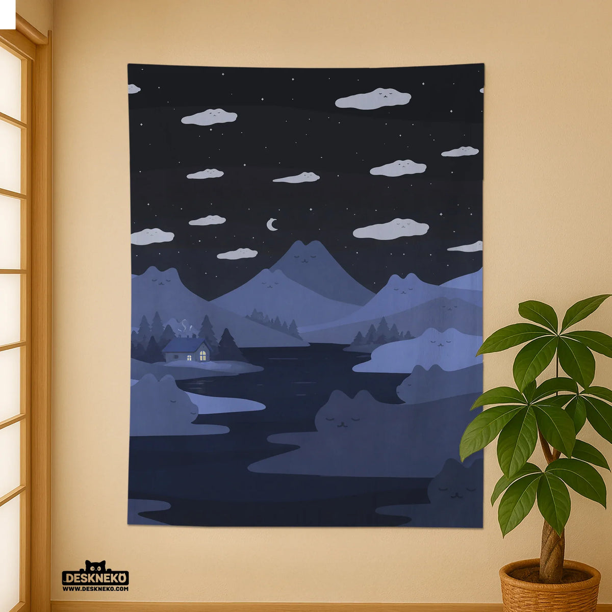 Navy cat hills wall tapestry cozy night landscape