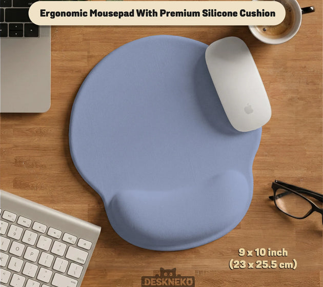 Soft blue ergonomic mousepad with wrist rest for desk setup