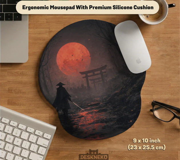 Samurai red moon ergonomic mousepad & keyboard wrist rest