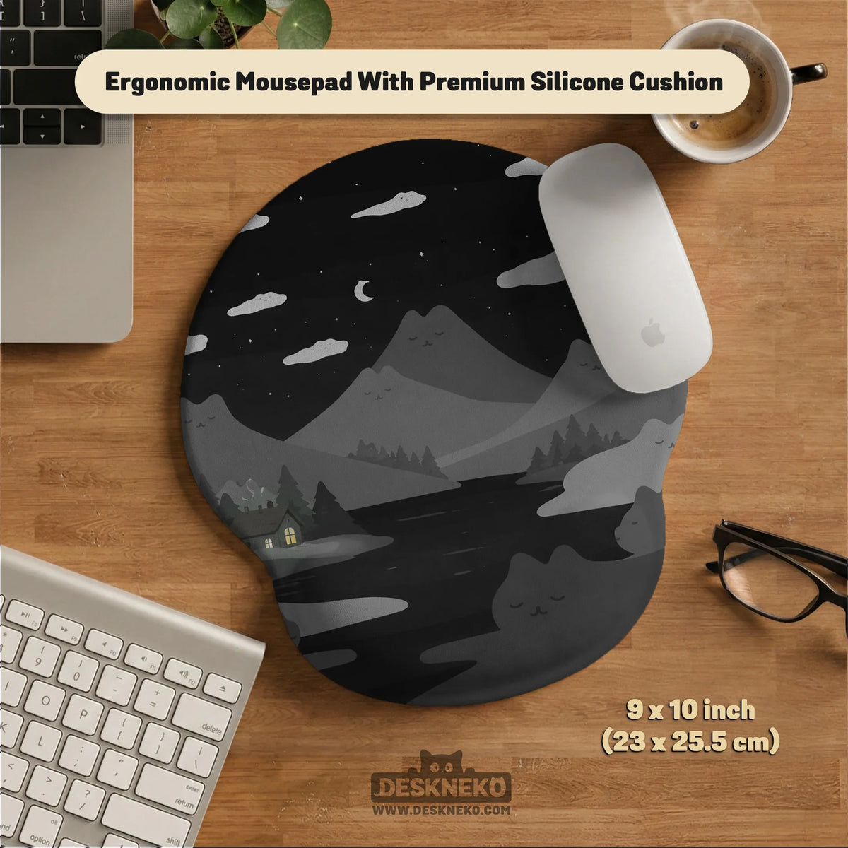 Midnight cat mountains ergonomic mousepad