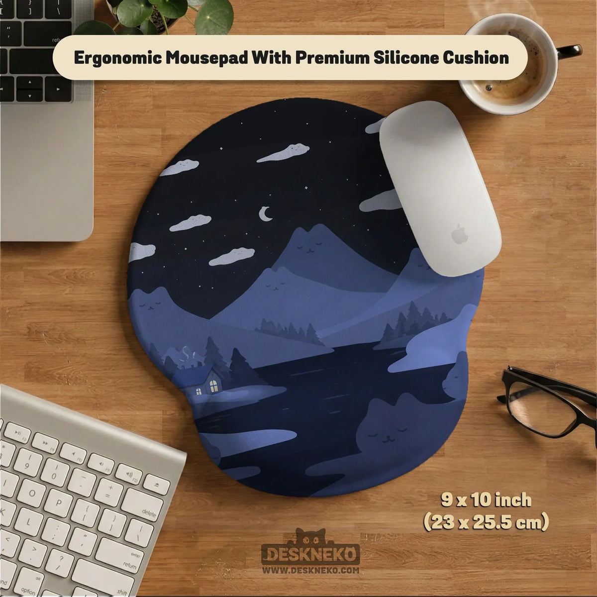 Navy blue mousepad wrist rest with cat shaped hills