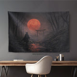 Samurai red moon wall tapestry decor