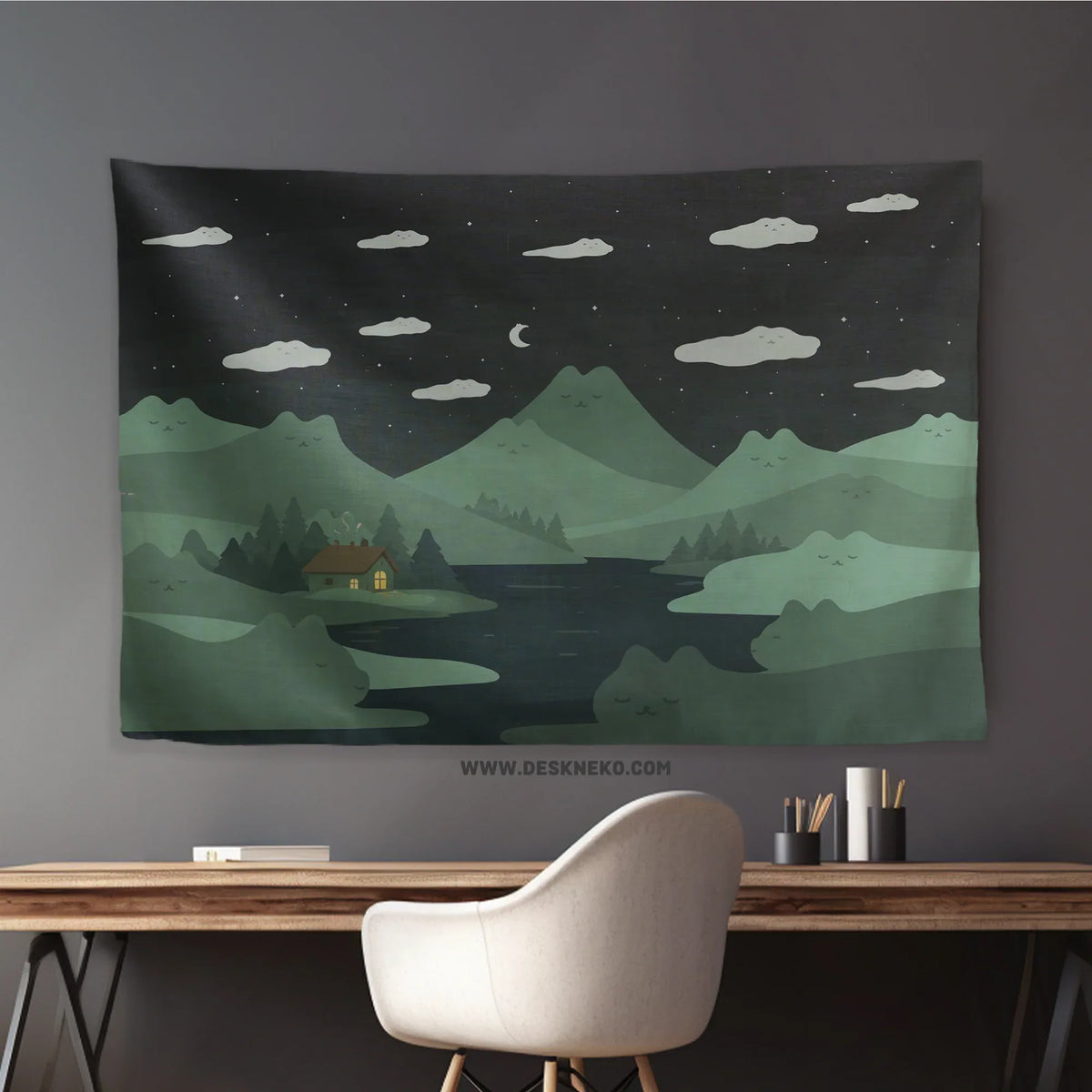 Green cat hills wall tapestry cozy night landscape