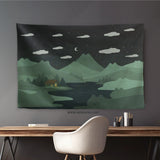 Green cat hills wall tapestry cozy night landscape