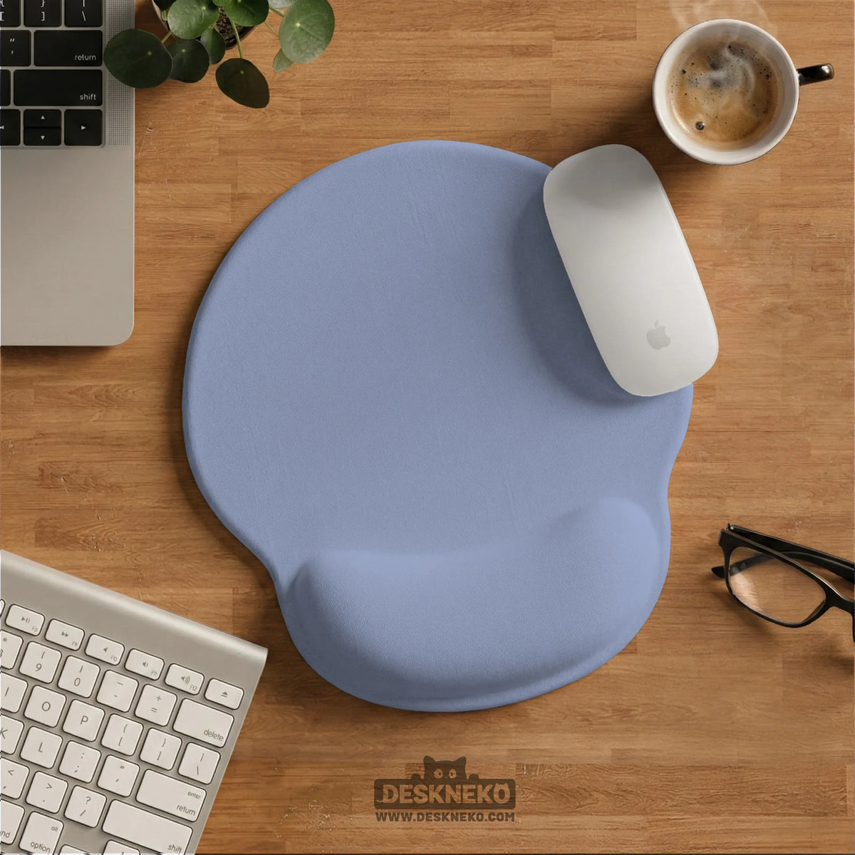 Soft blue ergonomic mousepad with wrist rest for desk setup