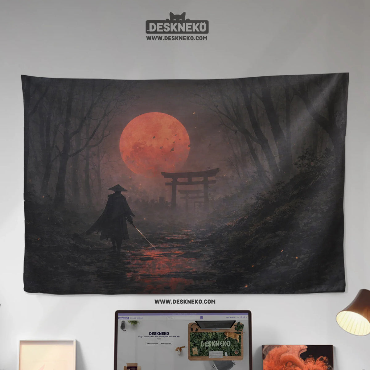 Samurai red moon wall tapestry decor