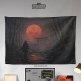 Samurai red moon wall tapestry decor