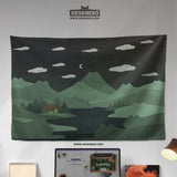 Green cat hills wall tapestry cozy night landscape