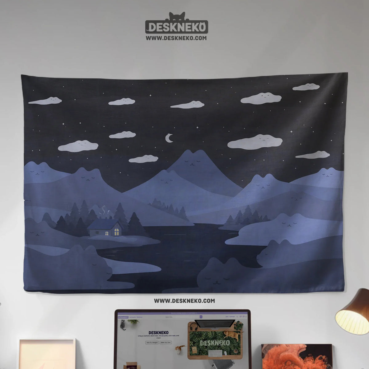 Navy cat hills wall tapestry cozy night landscape