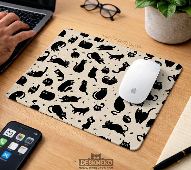 Black cat desk mat, cute XL mousepad for cozy office and gaming setup