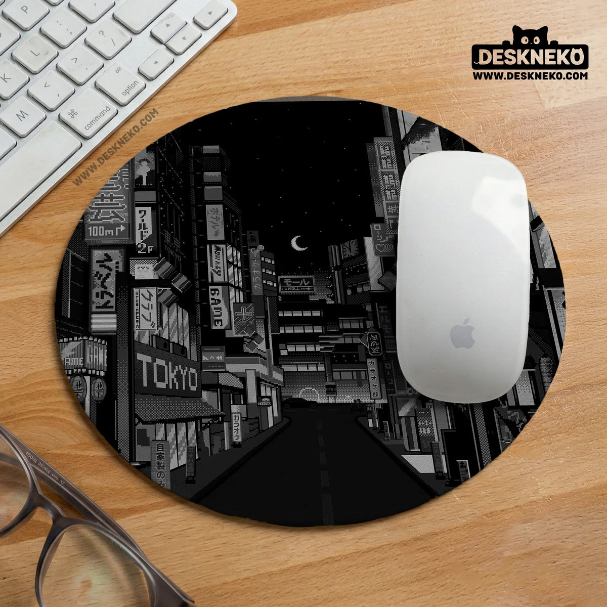 Black white tokyo night desk mat, cyberpunk japanese street mousepad