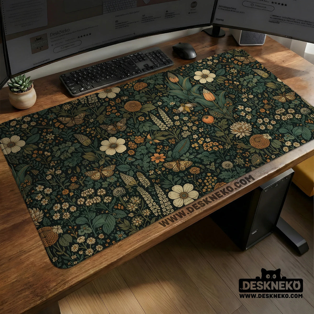 Dark floral cottagecore desk mat with botanical butterflies