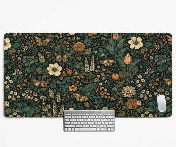 Dark Floral Cottagecore Desk Mat with Botanical Butterflies - Deskneko