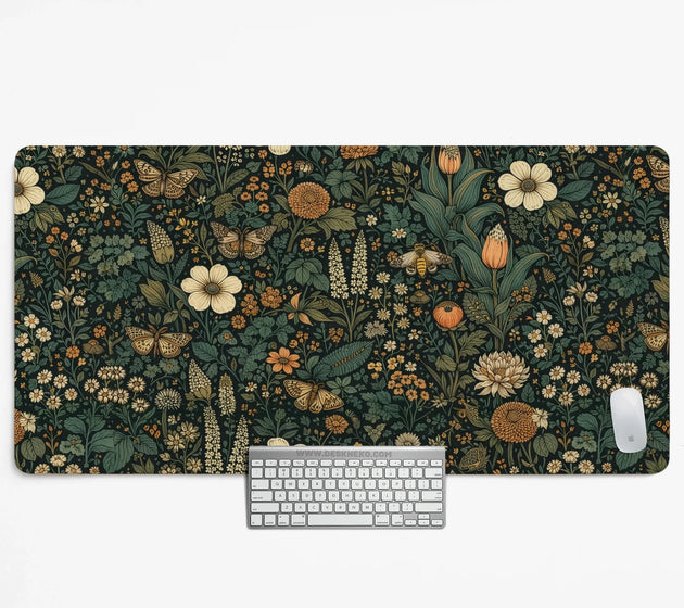 Floral butterfly desk mat in a dark green botanical print with cream and orange wildflowers, butterflies, moths and a bee, shown with a keyboard and mouse