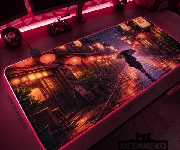 Lofi Anime Desk Mat XXL Extended Japanese Rainy Street - Deskneko