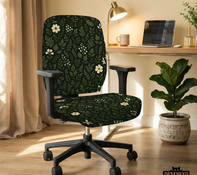 Botanical office chair cover with dark green floral pattern
