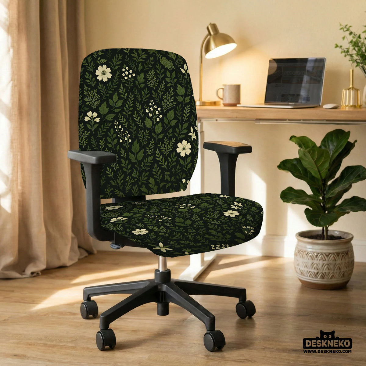Botanical office chair cover with dark green floral pattern