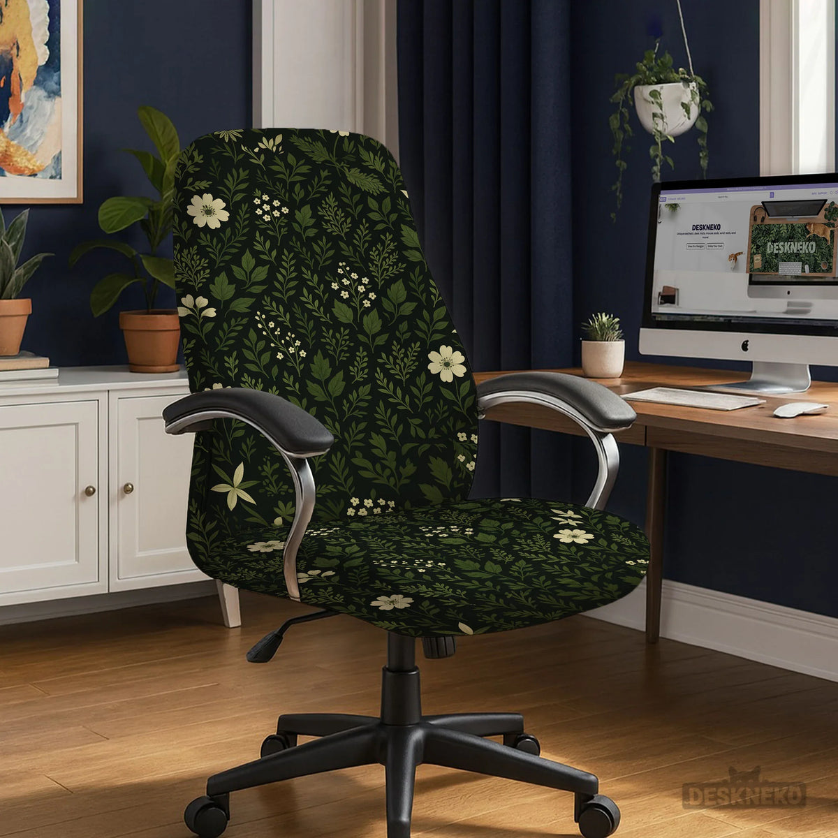 Botanical office chair cover with dark green floral pattern