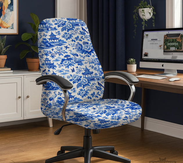 Blue chinoiserie desk chair cover