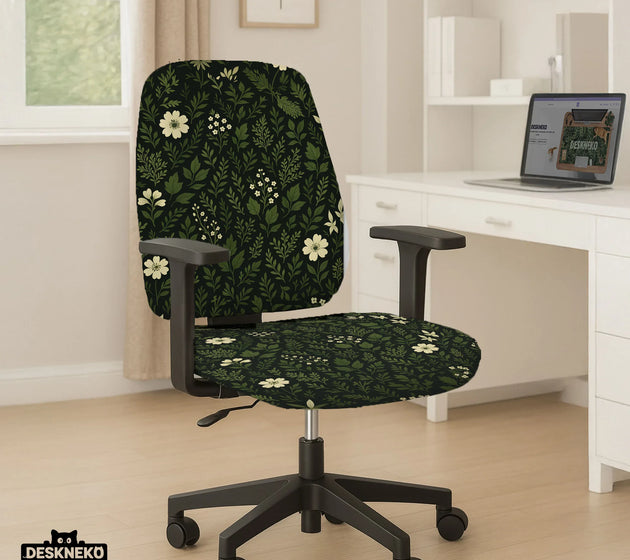 Botanical office chair cover with dark green floral pattern