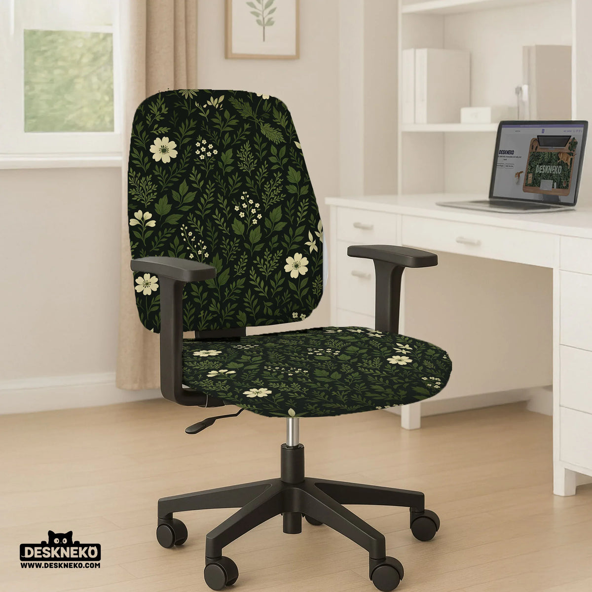 Botanical office chair cover with dark green floral pattern