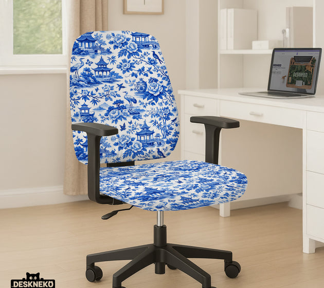 Blue chinoiserie desk chair cover