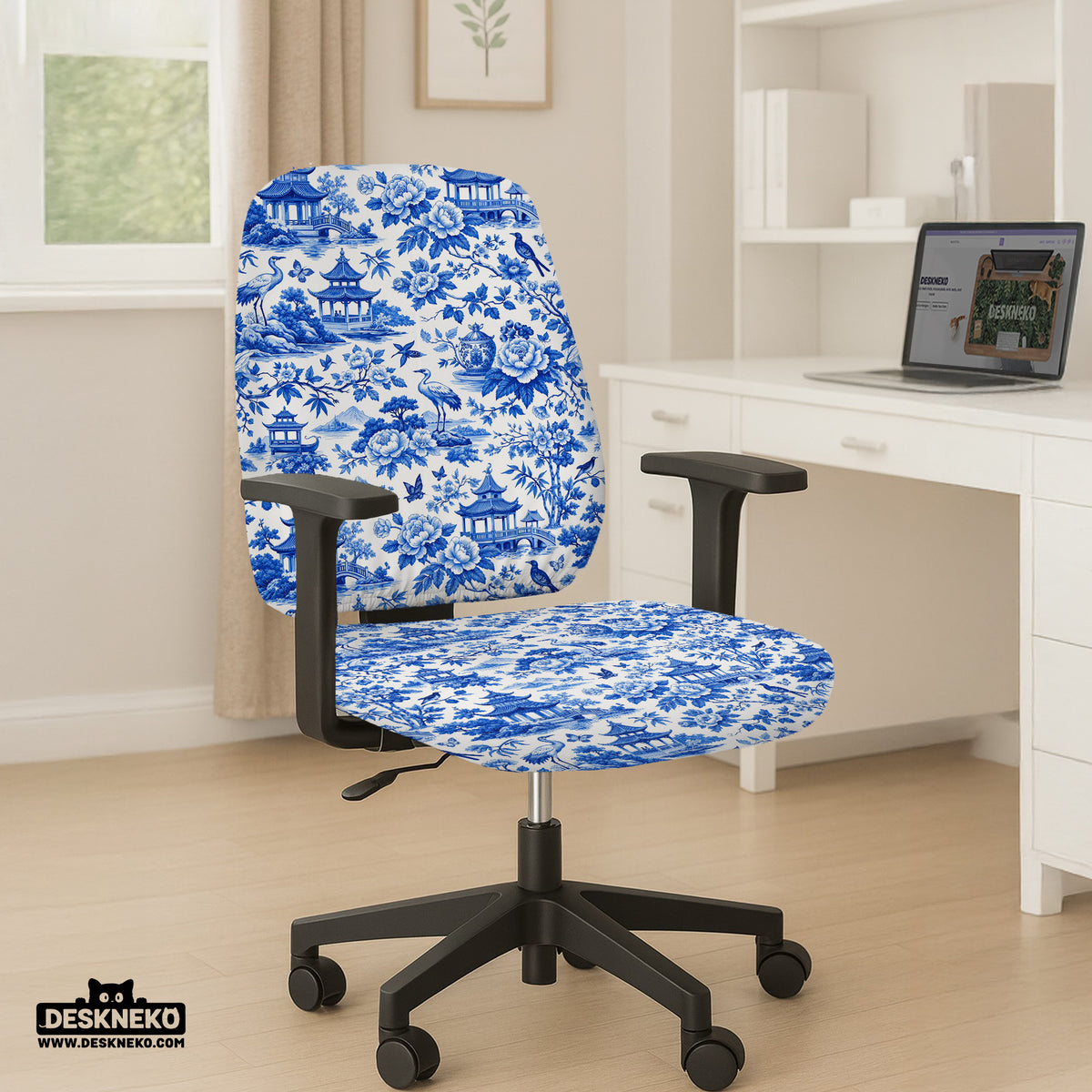 Blue chinoiserie desk chair cover