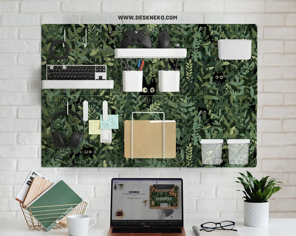 Botanical cat desk pegboard organizer, forest green workspace storage