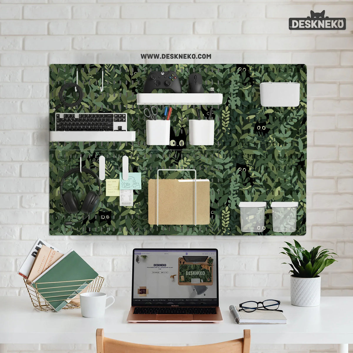 Botanical cat desk pegboard organizer, forest green workspace storage