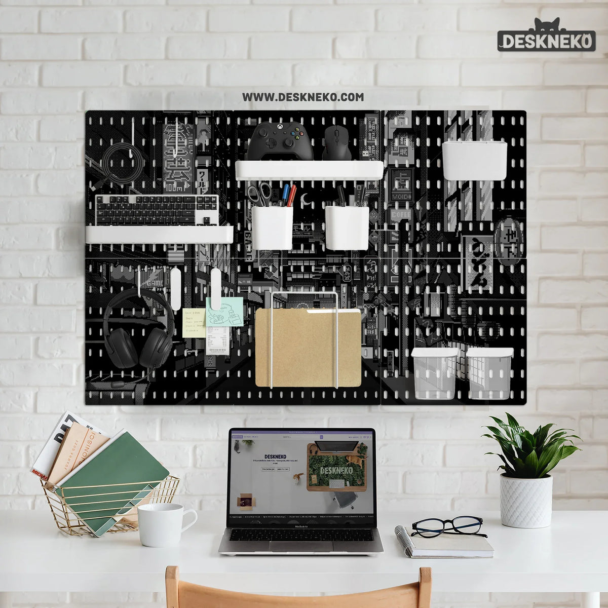 Tokyo night pixel pegboard organizer, cyberpunk wall storage